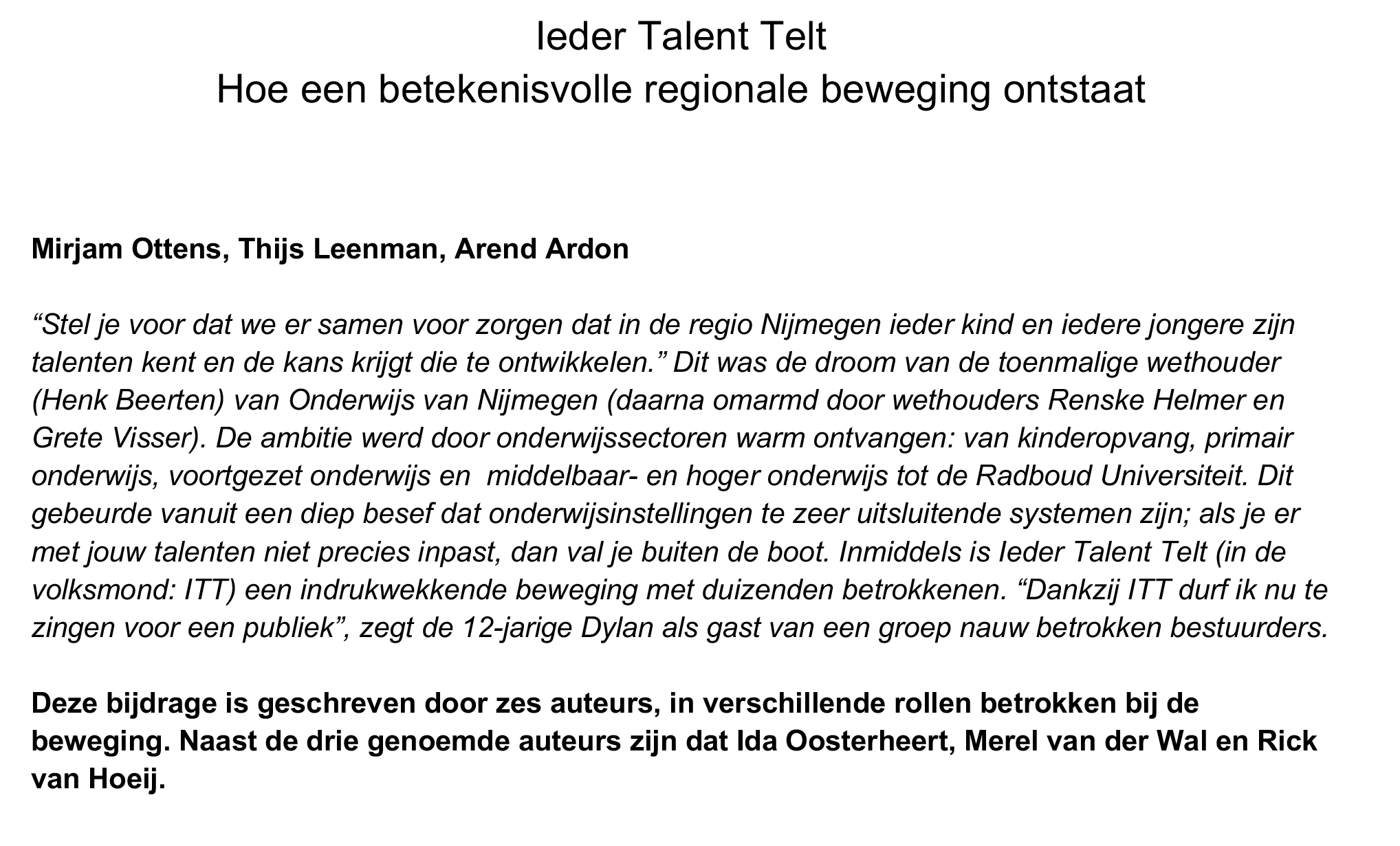 ITT Managementsite_Ieder Talent Telt_Hoe een betekenisvolle beweging ontstaat 2020 Ieder Talent Telt Hoe een betekenisvolle beweging ontstaat onderwijs Nijmegen